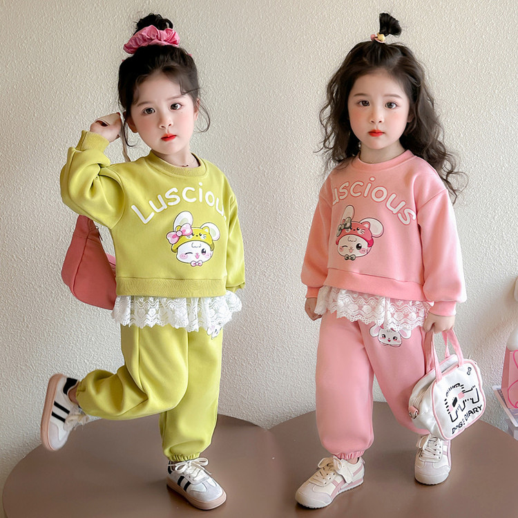 女小童卡通套装春秋款女宝宝洋气花边卫衣春装小女孩休闲两件套潮