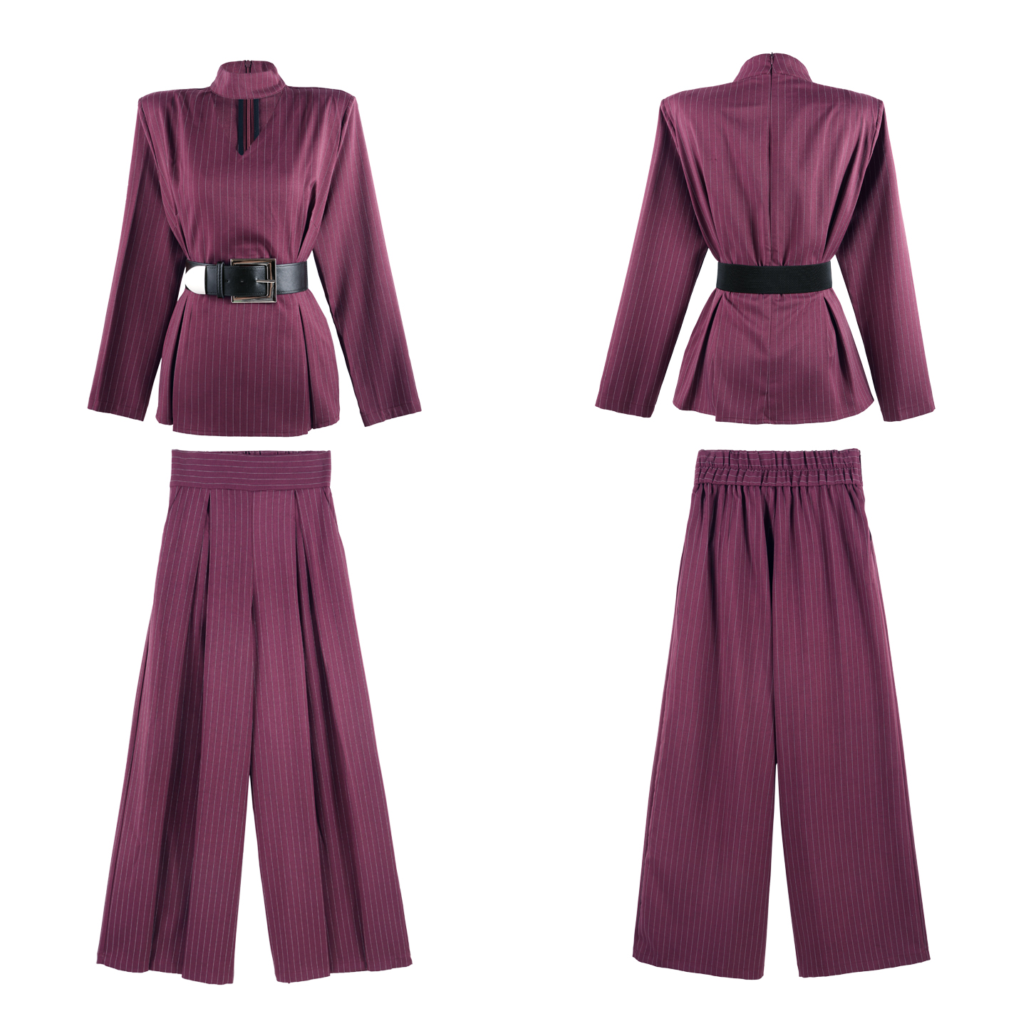 DENGDAHA「大哈」秋季新款高智感通勤风收腰阔腿条纹套装HBZW652116