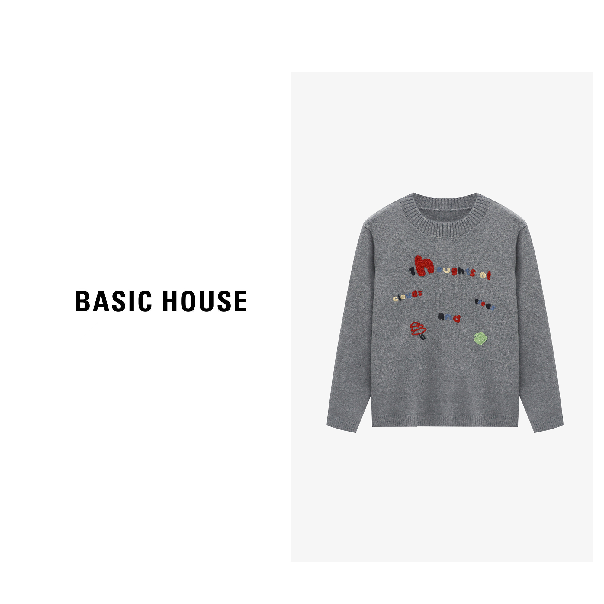 Basic House/百家好保暖休闲百搭圆领宽松字母毛衣-B06245C4912