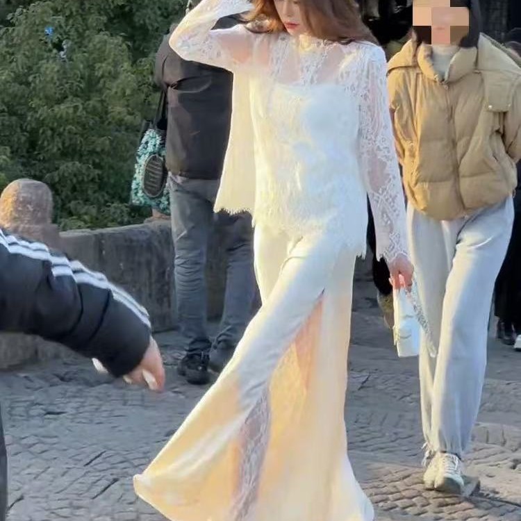 套装女春季宽松显瘦百搭蕾丝小衫+高腰半裙潮