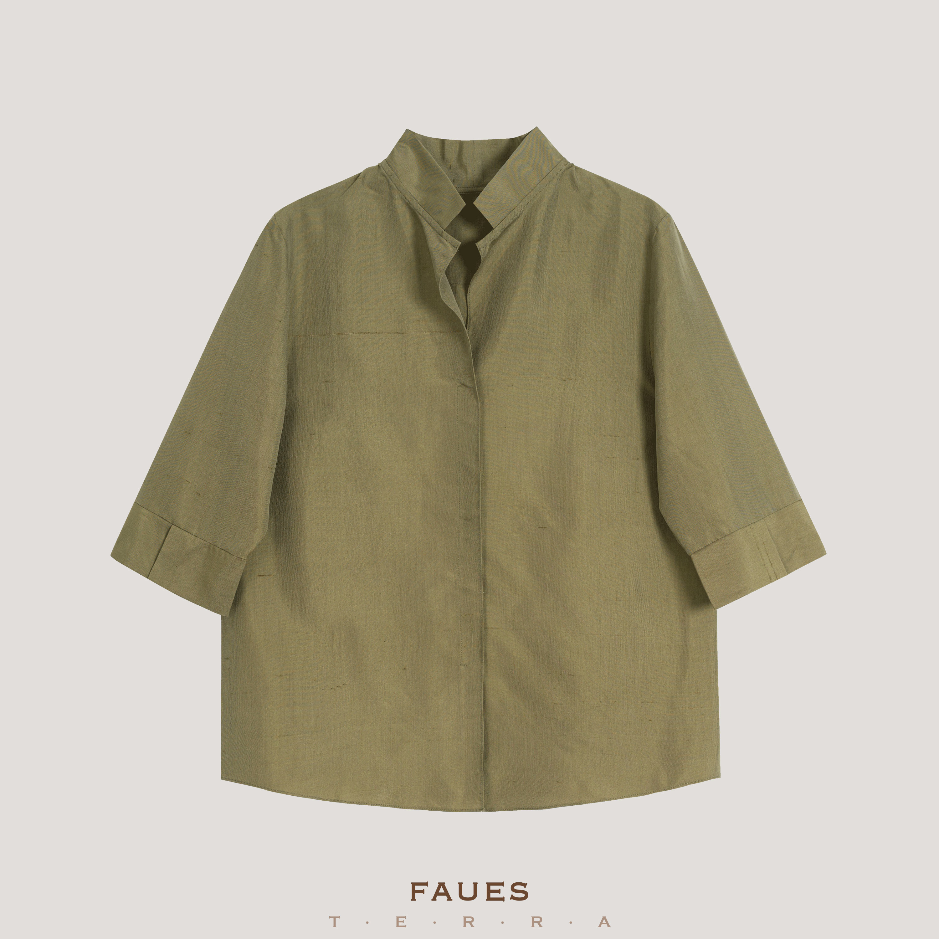 FAUES 雾隐苍苔双宫桑蚕丝苔绿小众设计师解构无侧缝半襟宽松上衣