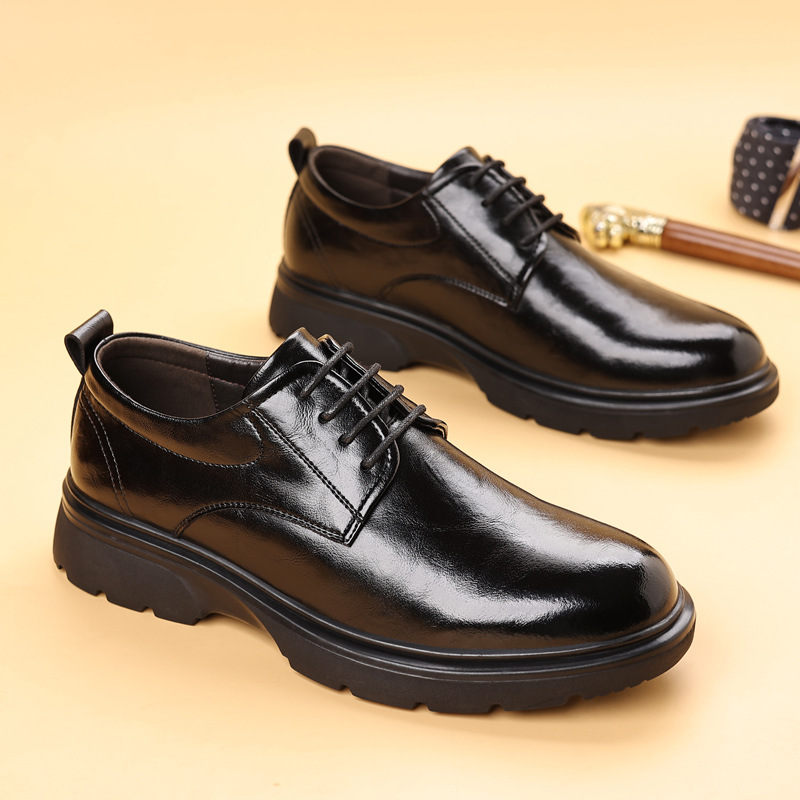 低帮黑色皮鞋男士秋季复古圆头正装商务男鞋青年男皮鞋