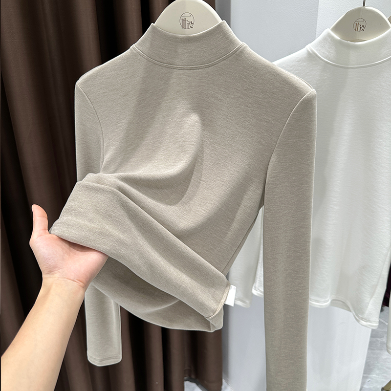 秋冬新款卡其色半高领双面德绒T恤修身长袖磨毛保暖打底衫上衣女