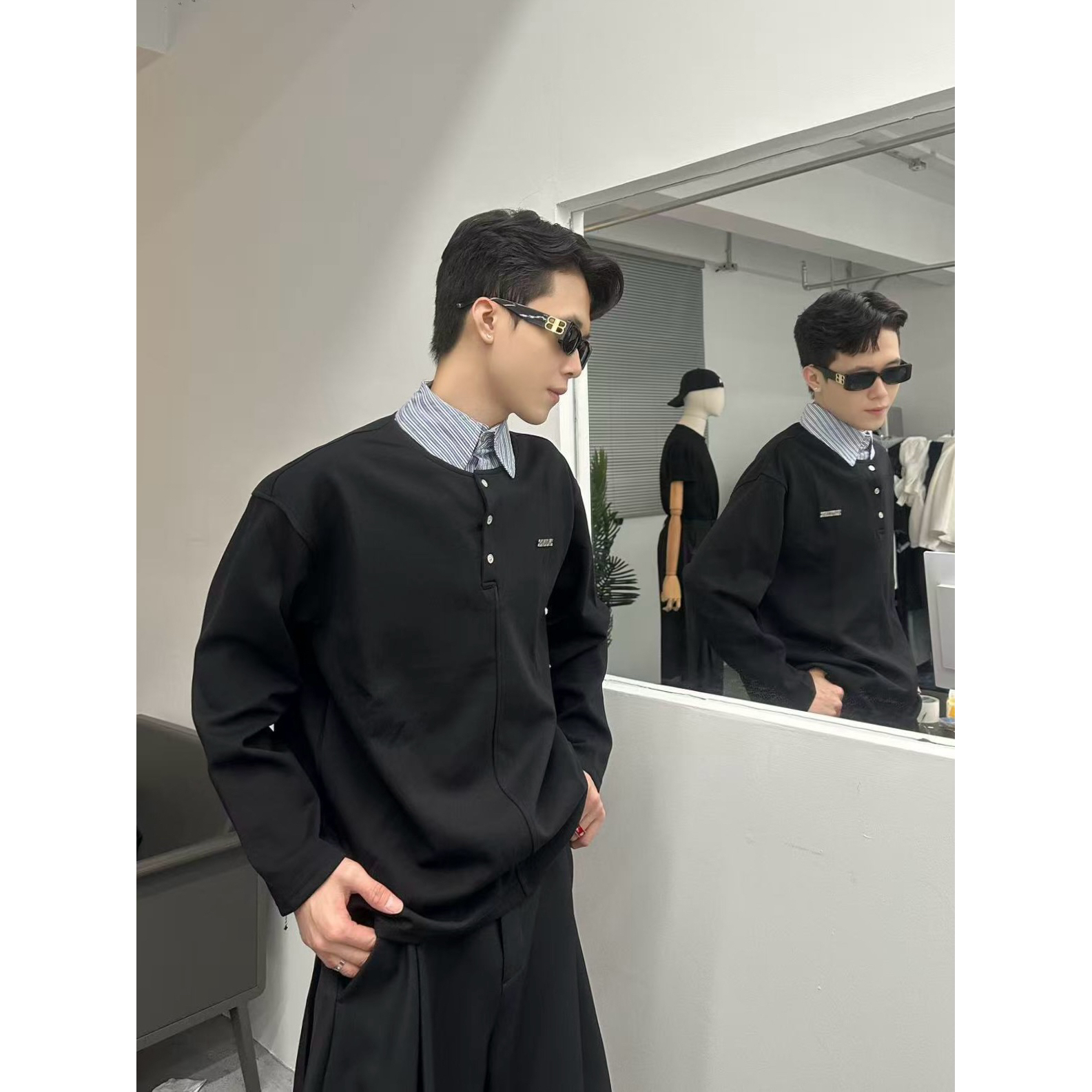 假两件翻领格子立领长袖潮流拼接活力风常规款卫衣POLO03