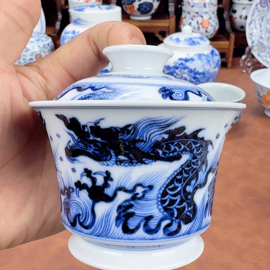 陶摆件瑕疵元龙青花盖碗
