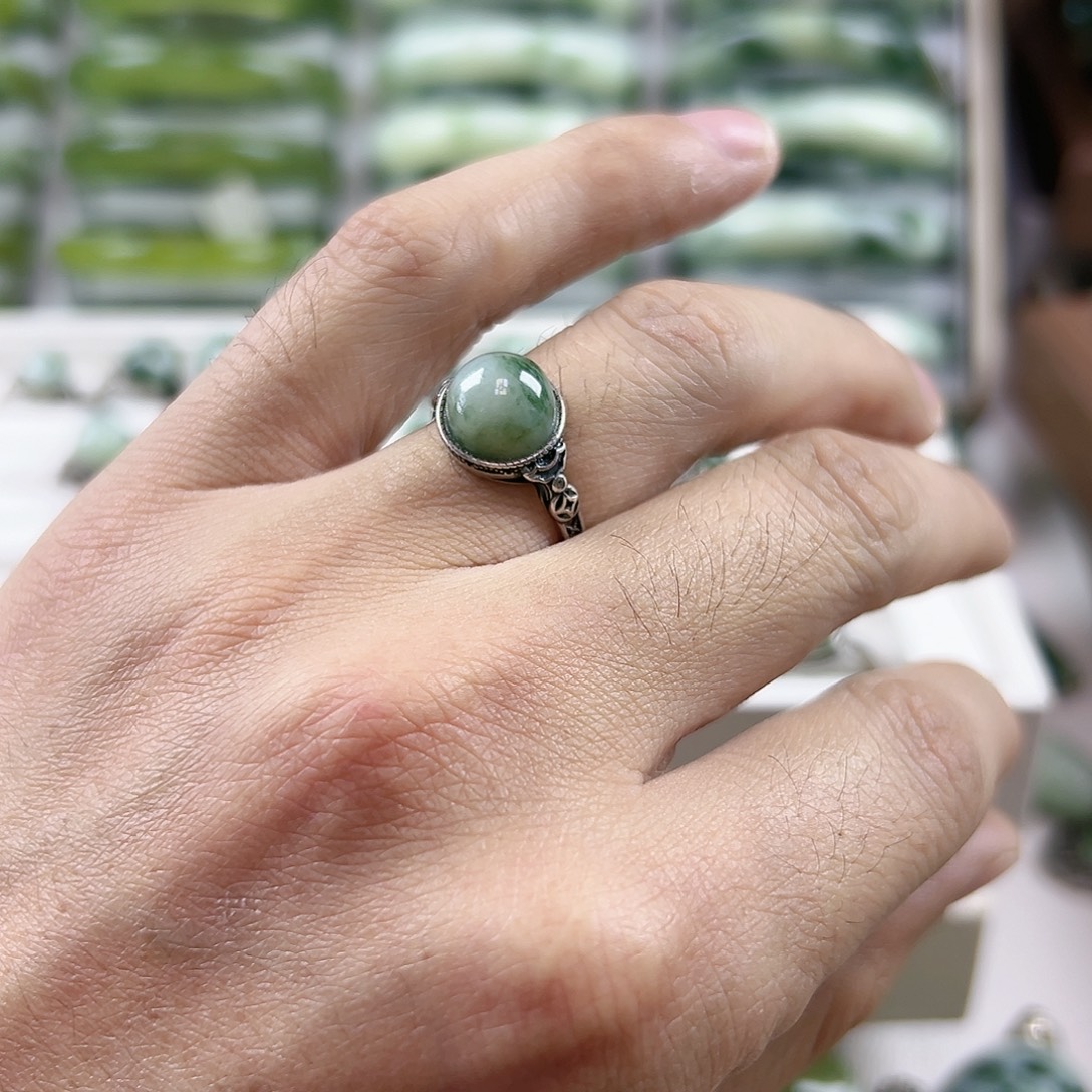 这***子蛇纹石玉银S925镶嵌戒指