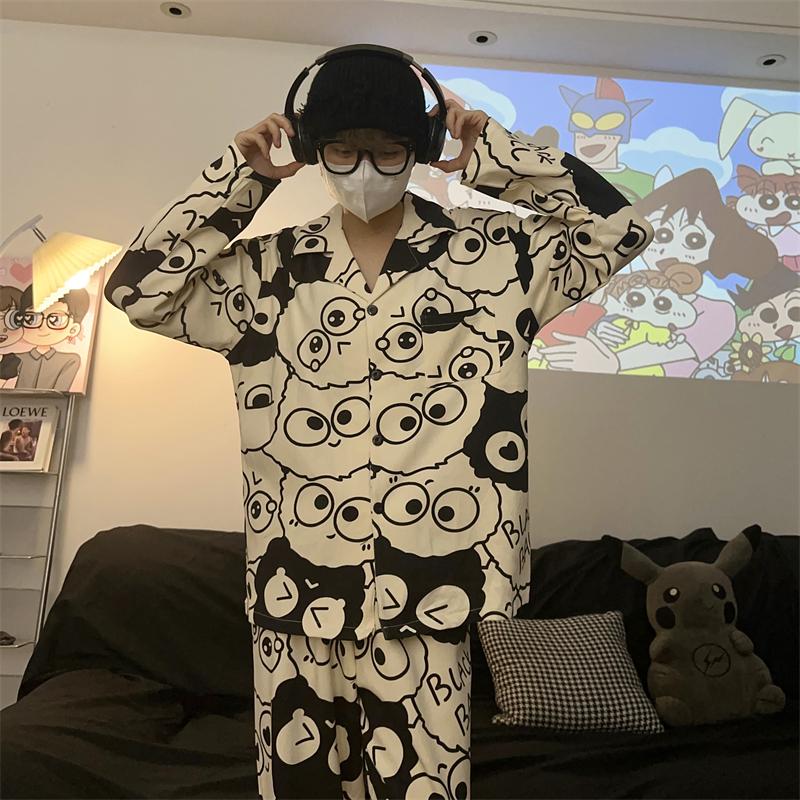 慵懒风卡通煤球情侣睡衣女春秋长袖外穿家居服套装