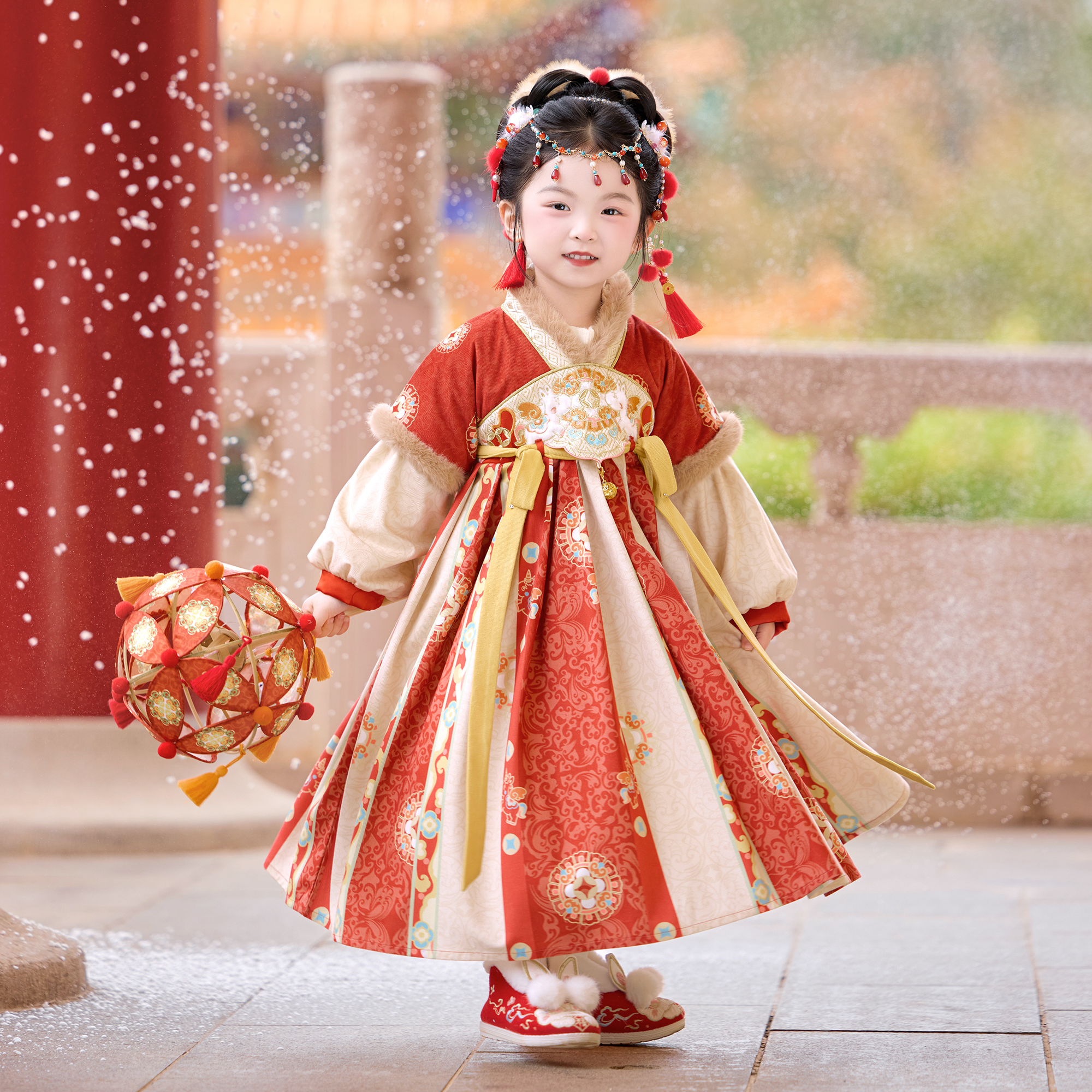 古月家.羽裳 汉服女童冬儿童国风仙气加绒连衣裙女孩表演公主襦裙