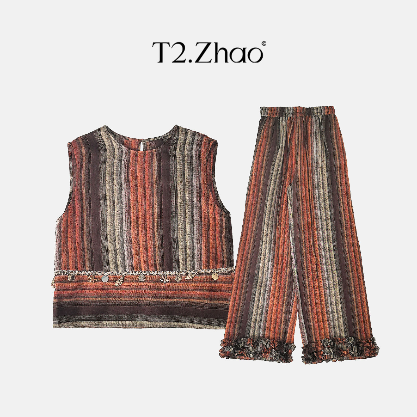 T2.ZHAO [在落日之前] 撞色条纹亚麻海螺阔腿裤套装0210