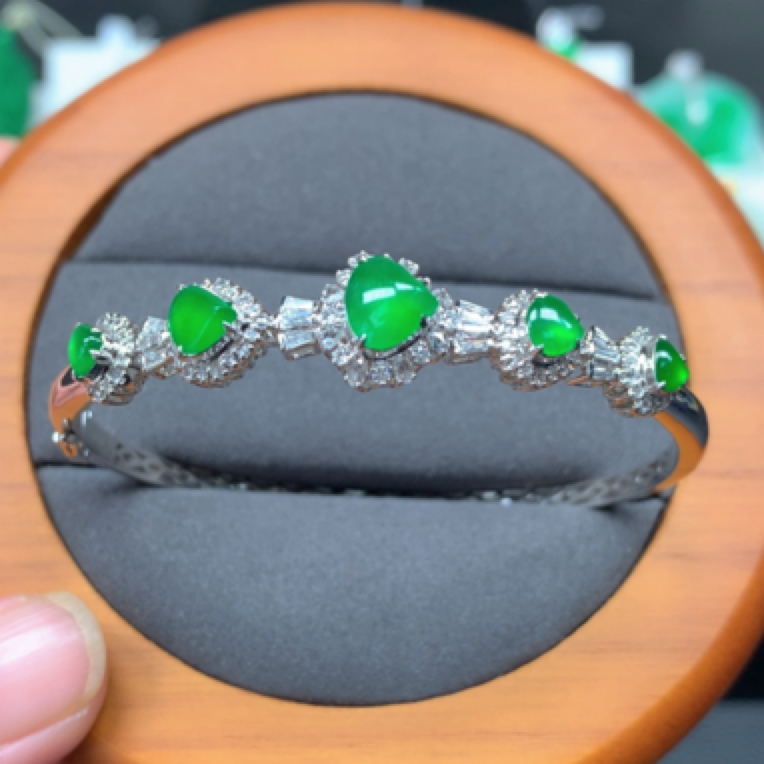 天然翡翠冰阳绿手环18k金真金真钻