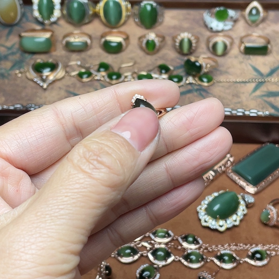 新***店和田玉（碧玉）银S925镶嵌吊坠(不含链)戒指