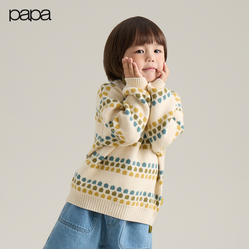【冰岛风毛衣】papa爬爬冬季新品男女童高弹包芯纱冰岛风提花圆领
