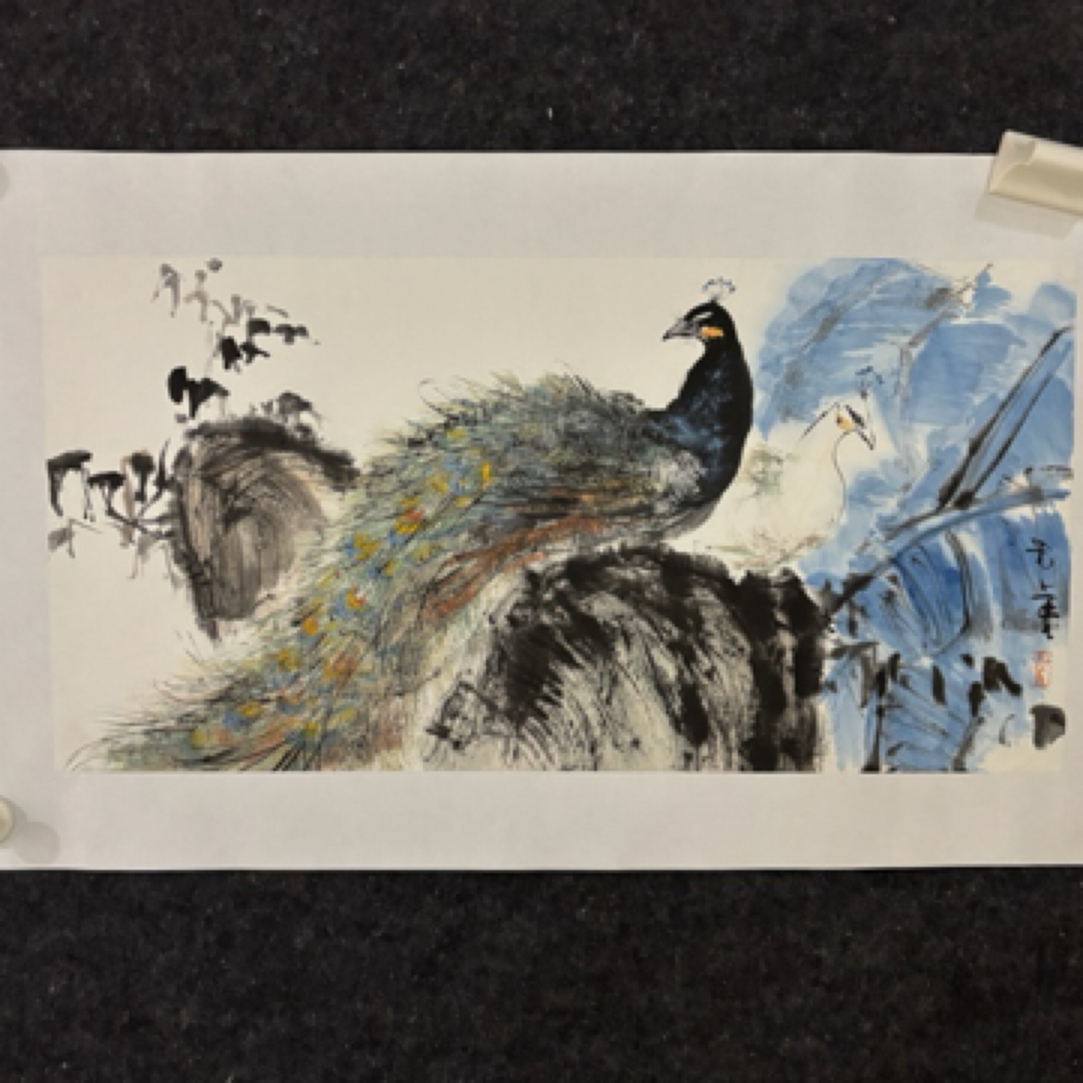 吉祥孔雀壁画/国画孔雀图/国画孔雀挂画/纯手绘国画孔雀