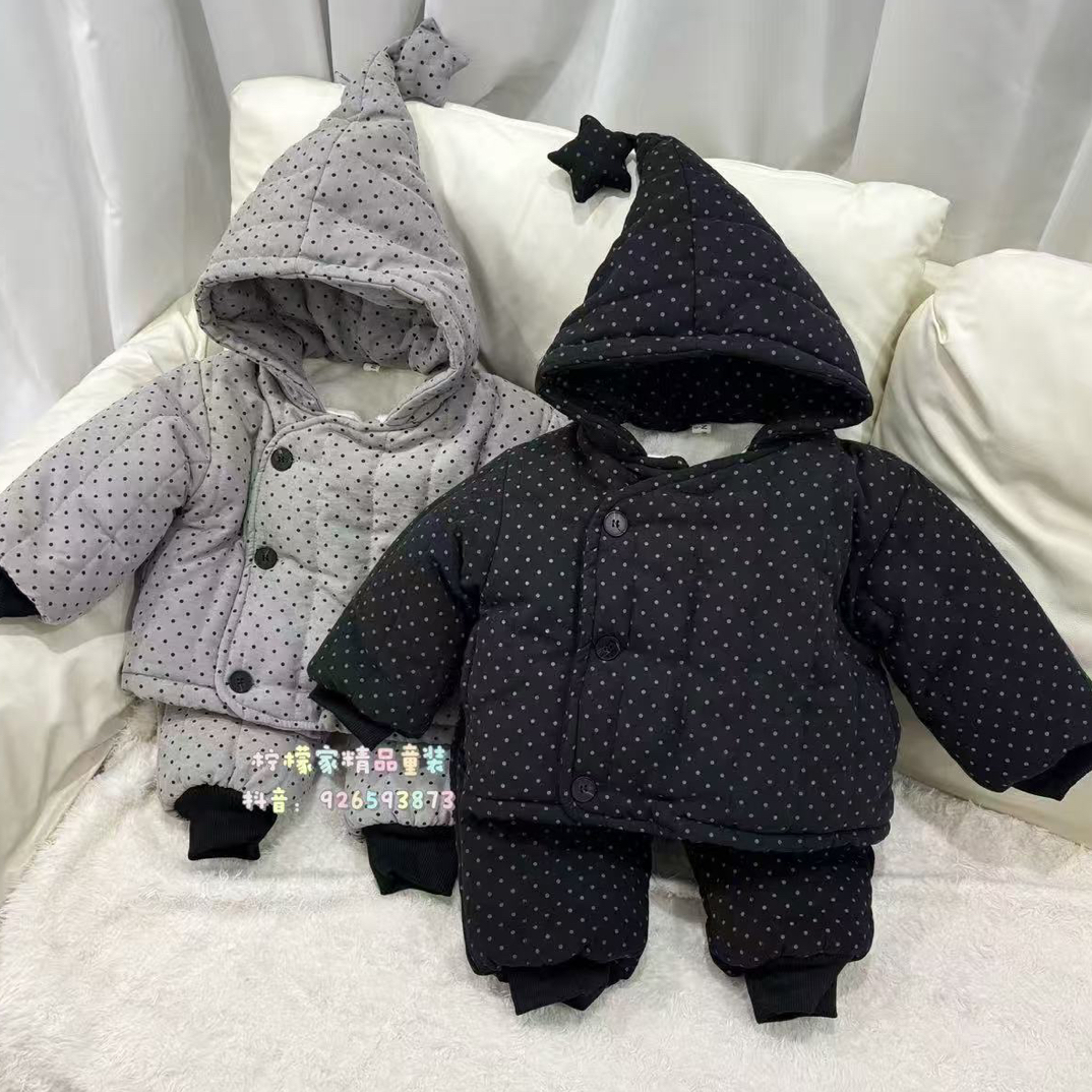 2025新款儿童精灵帽男女童四层加厚保暖宝宝冬季加厚居家服套装