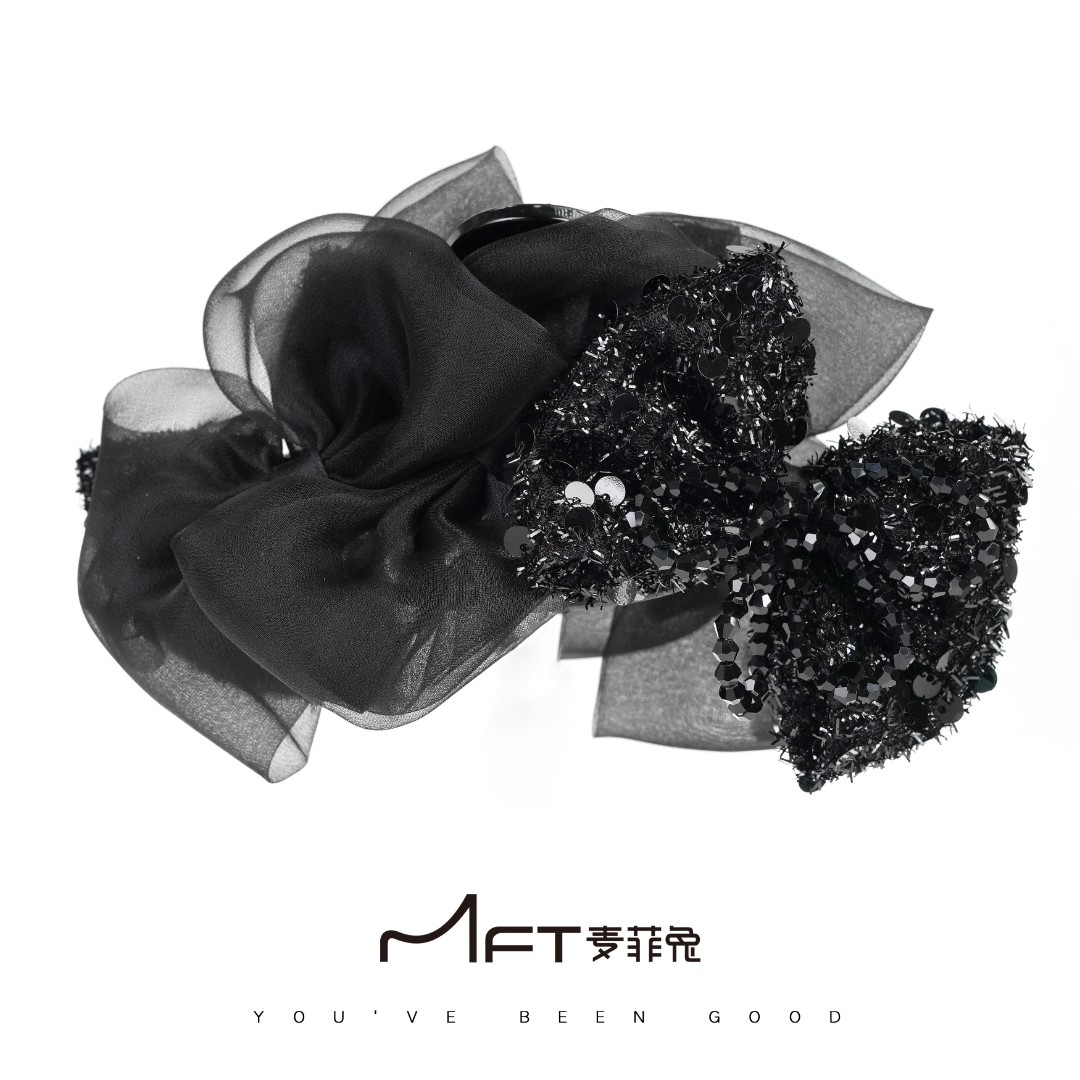 【奥黛丽系列 魅丝抓夹】黑色网纱蝴蝶结后脑勺鲨鱼夹发量多发饰