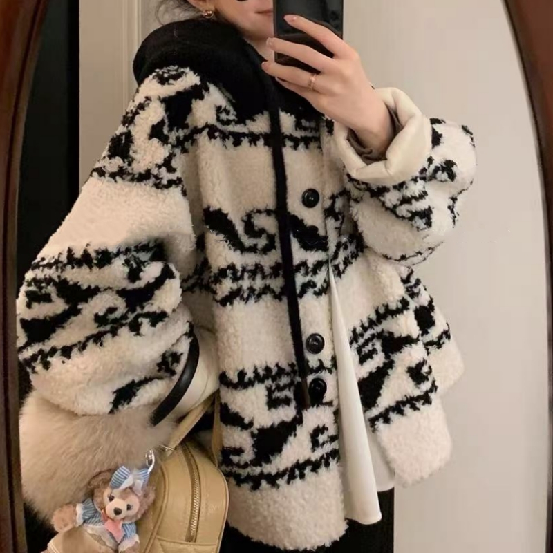 LLUOYA - 撞色高级感毛绒绒连帽厚外套