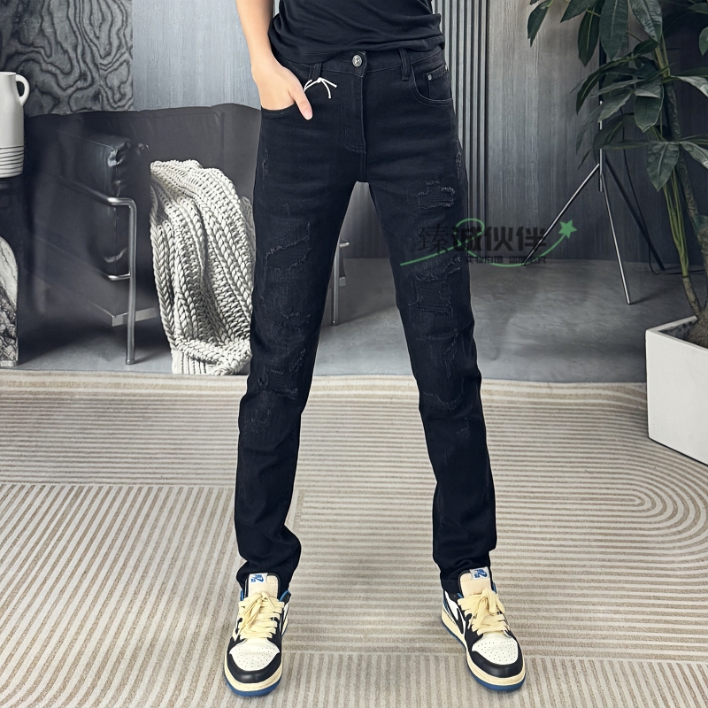 欧货潮牌秋冬厚款男牛仔裤子黑色经典百搭破洞修身休闲裤九分长裤