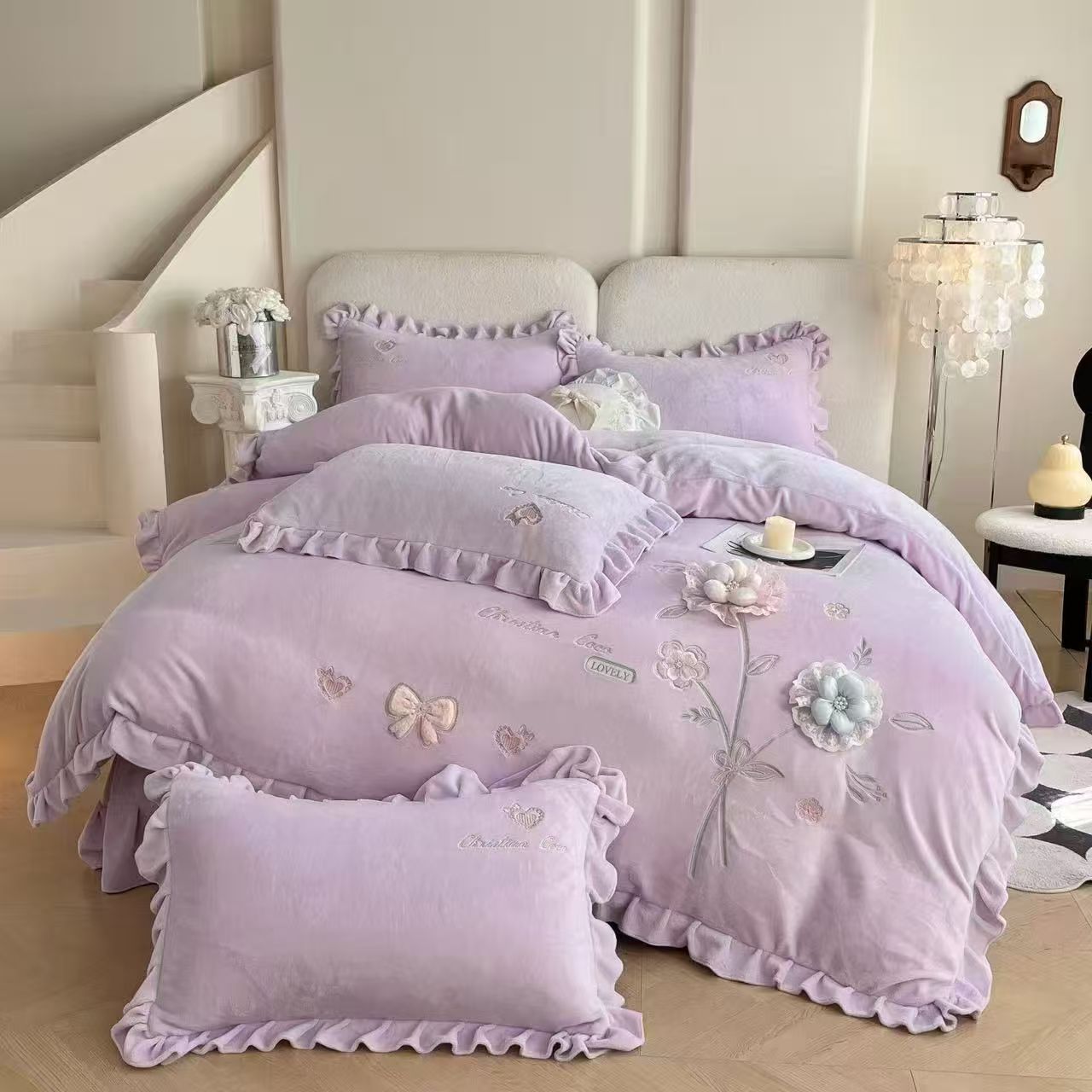 公主风韩版花边牛奶绒四件套