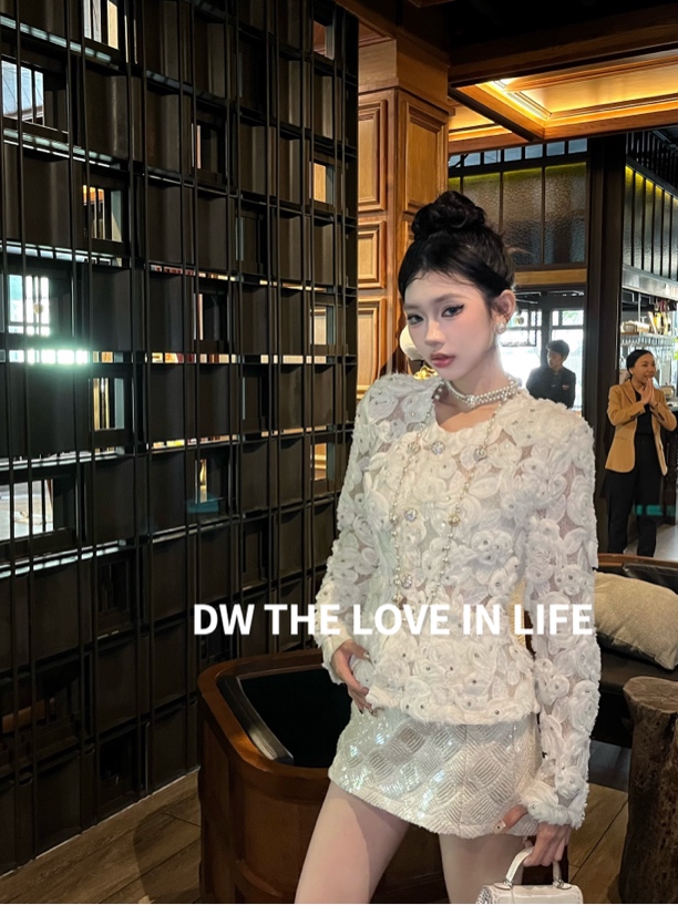 24AW//DW高定进口镂空蕾丝玫瑰花手工钉珠收腰香小姐外套