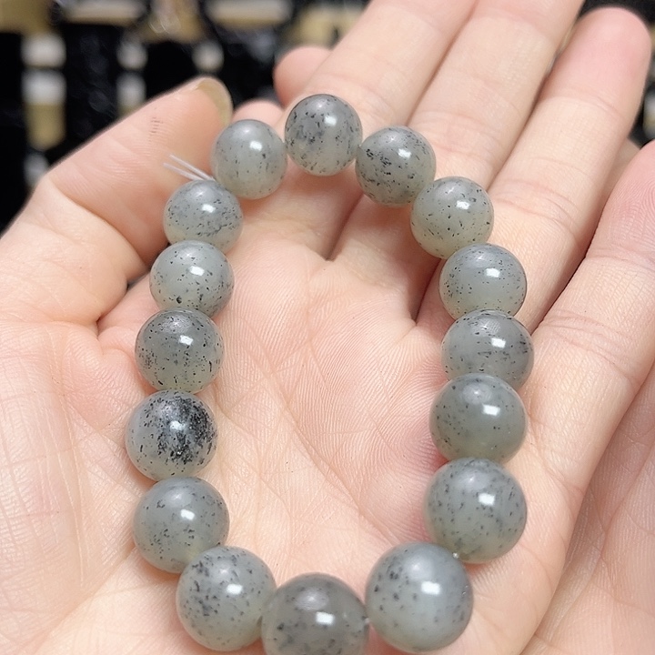 和田玉手链未镶嵌卡12圆珠点墨青花