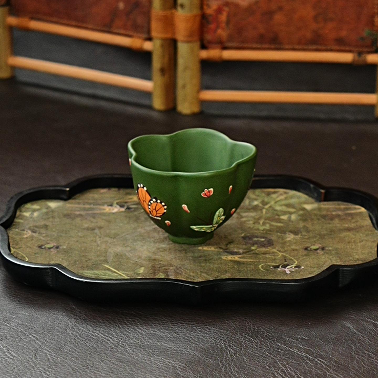 【9001蝶恋花】宜兴原矿紫砂全手工堆绘茶器主人杯茶具