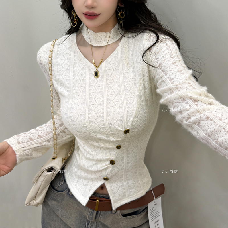 2025秋冬新款加绒半高领镂空蕾丝女内搭高级感修身T恤打底衫1130