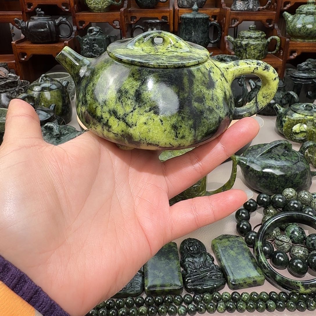 子***墨蛇纹石玉未镶嵌藏玉药王石茶壶