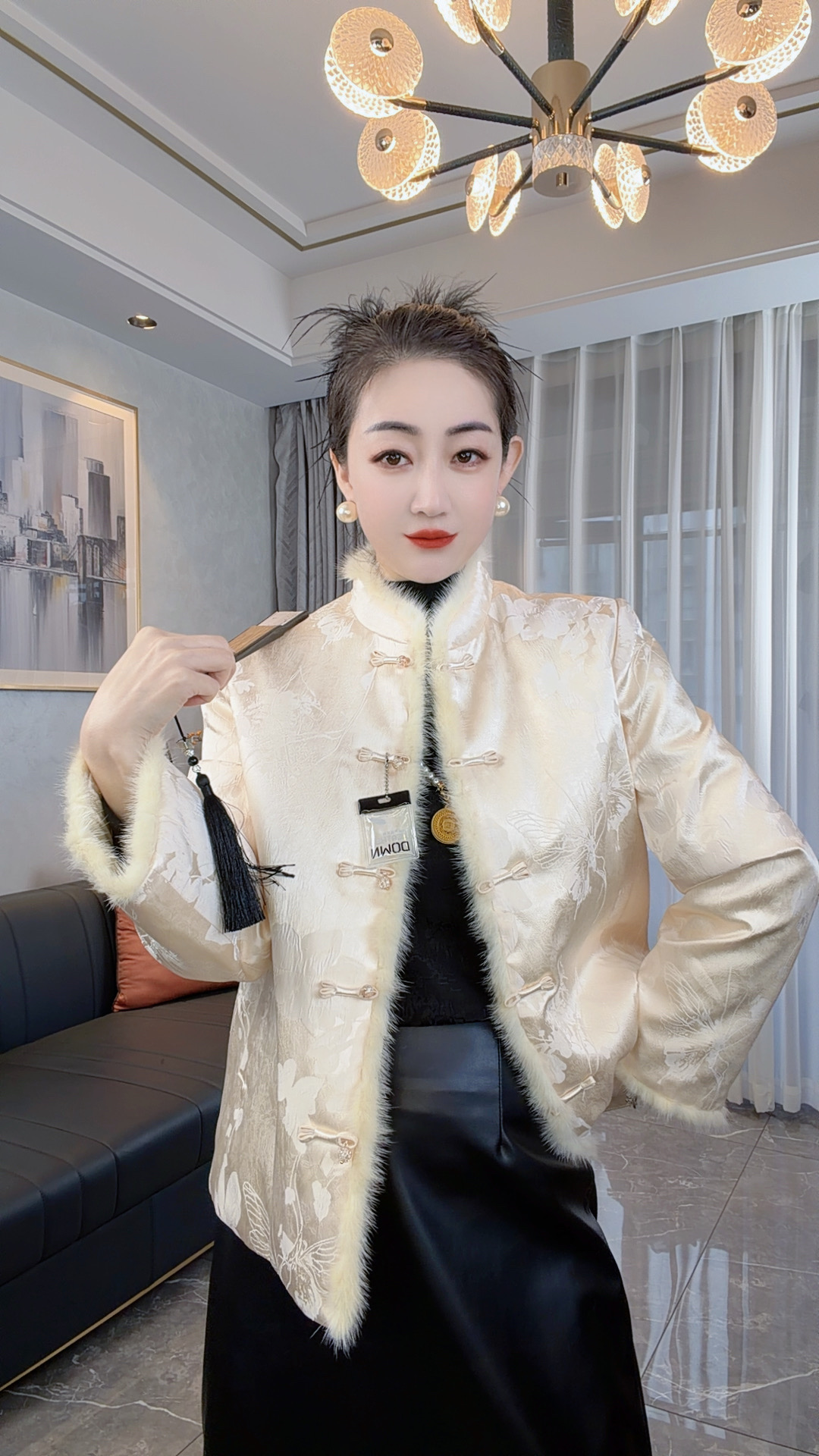 冬季保暖外套女90鸭绒桑蚕丝水貂毛新中式国风外套S085