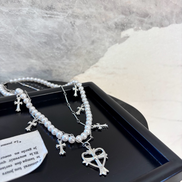 铜合金仿珍珠项链 双层爱心十字zz项链XL3263