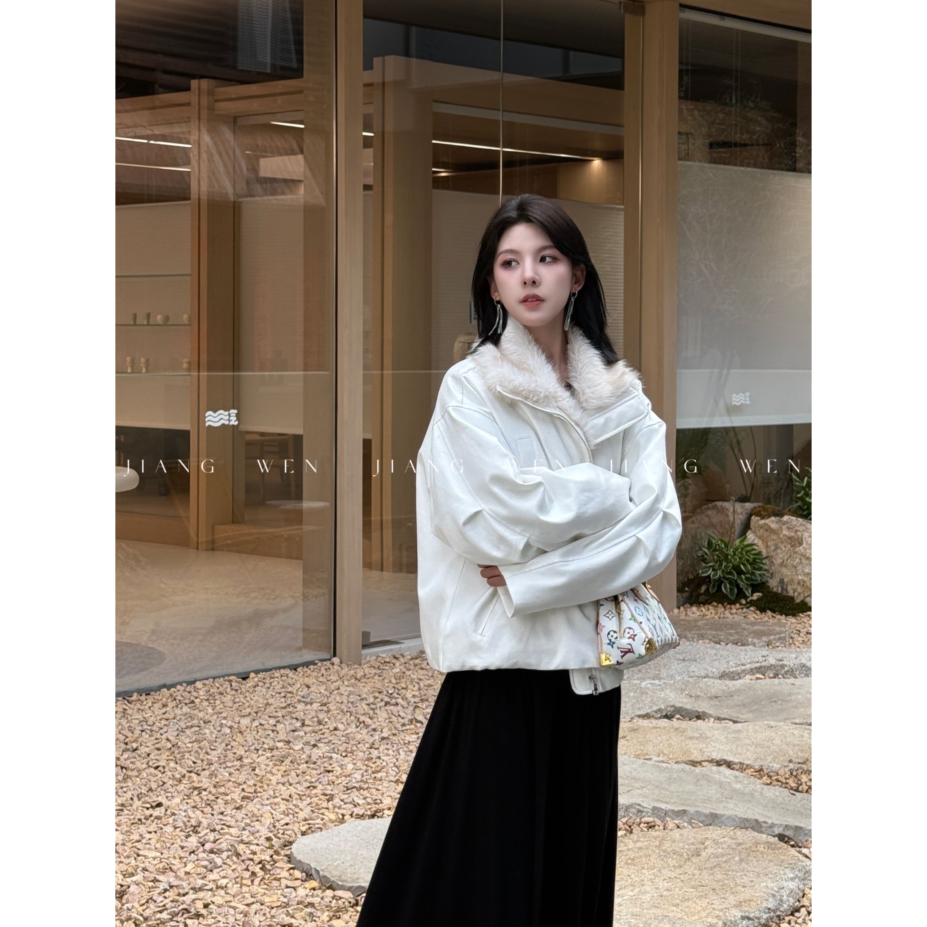 【古董白】姜雯 藏青色廓形拼接毛领保暖夹棉夹克派克服