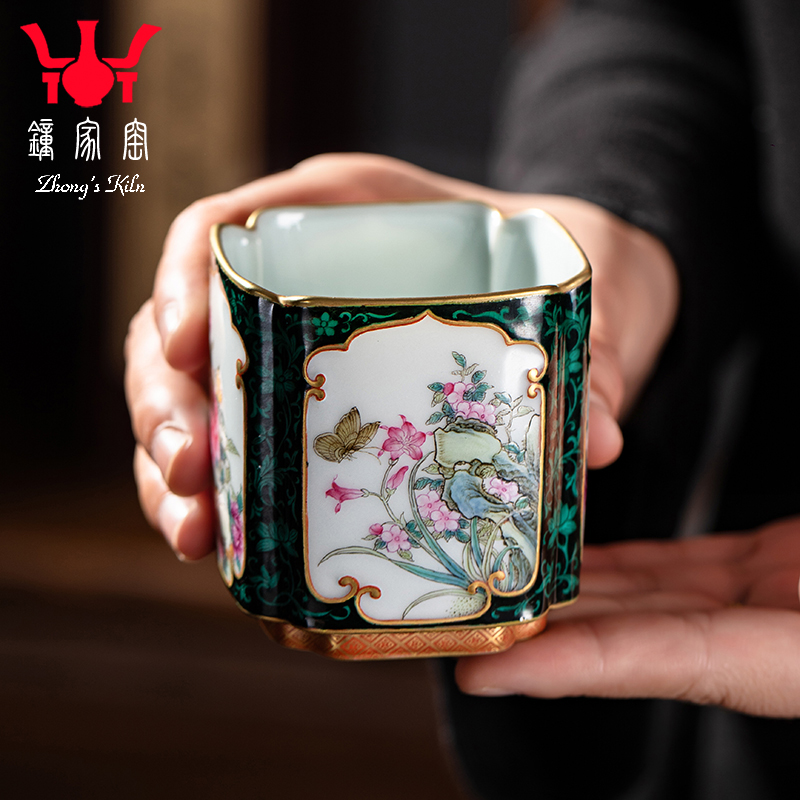 钟家窑高档个人专用主人杯 景德镇手绘珐琅彩四面描金开窗花卉杯