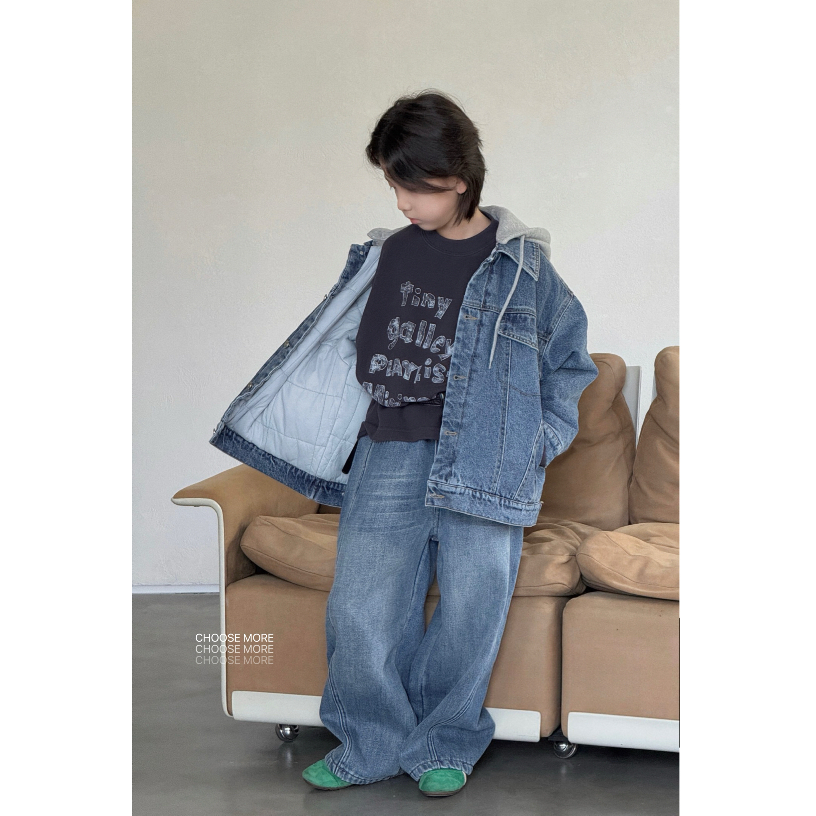 【冬品】CHOOSEMORE“老钱Boy”可拆卸帽廓形牛仔外套字母T加绒牛仔裤
