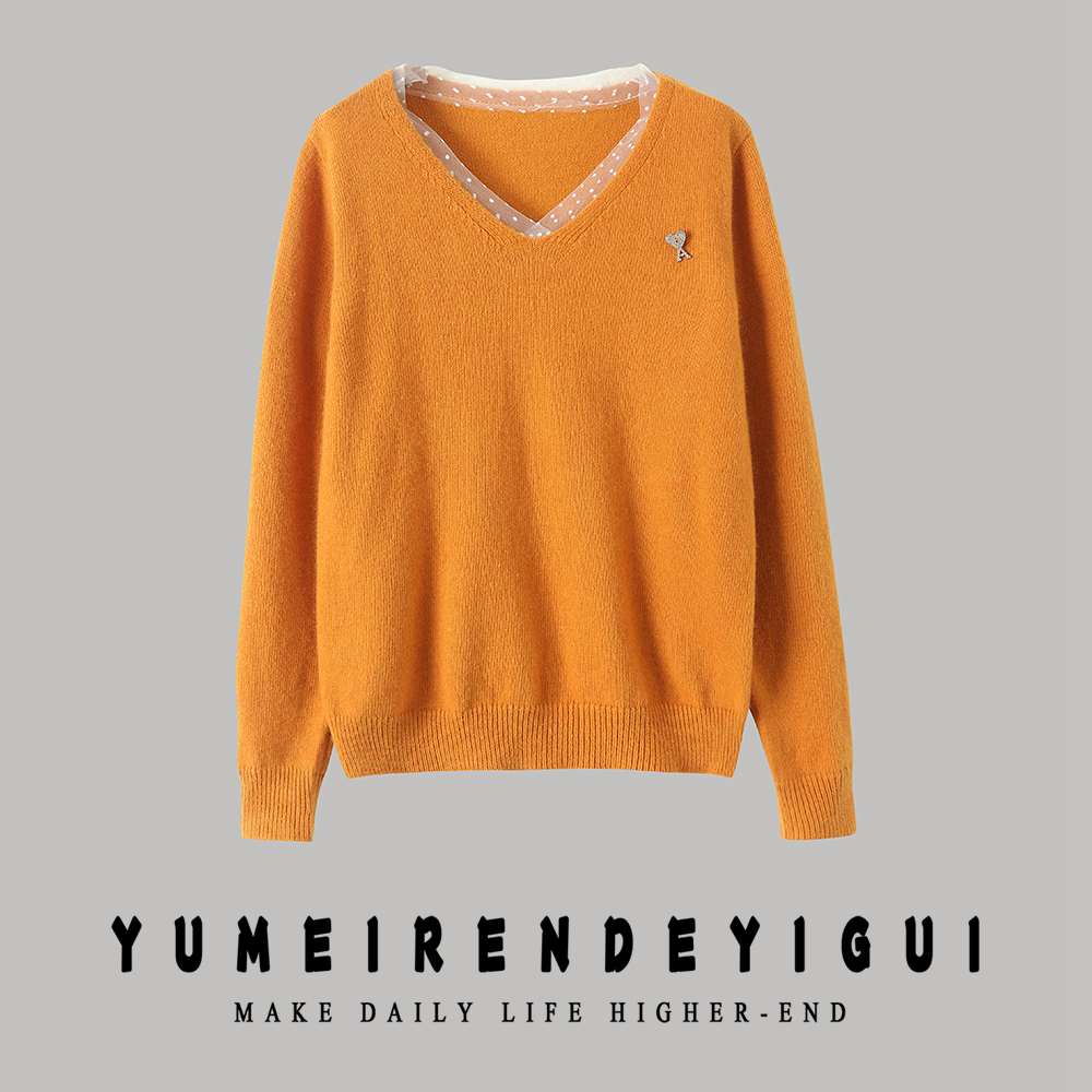 欧货早秋新款V领拼接蕾丝套头长袖针织衫f98 J02932