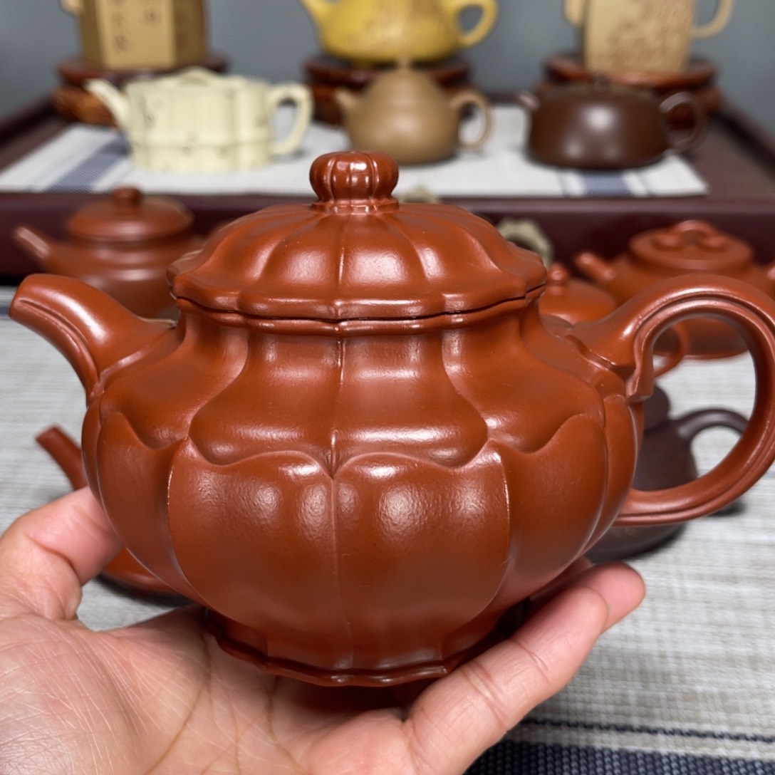 紫砂茶壶感***3筋纹掇只壶朱泥