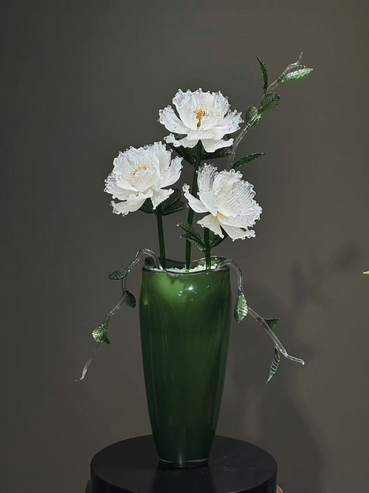 琉璃牡丹花三只套组乔迁客厅玄关装饰品国风办公室高级感