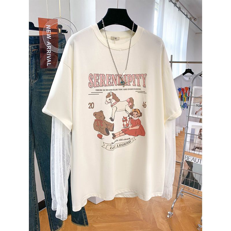 拼接假两件t恤女夏季2025超火蕾丝打底衫小个子韩版宽松长袖上衣