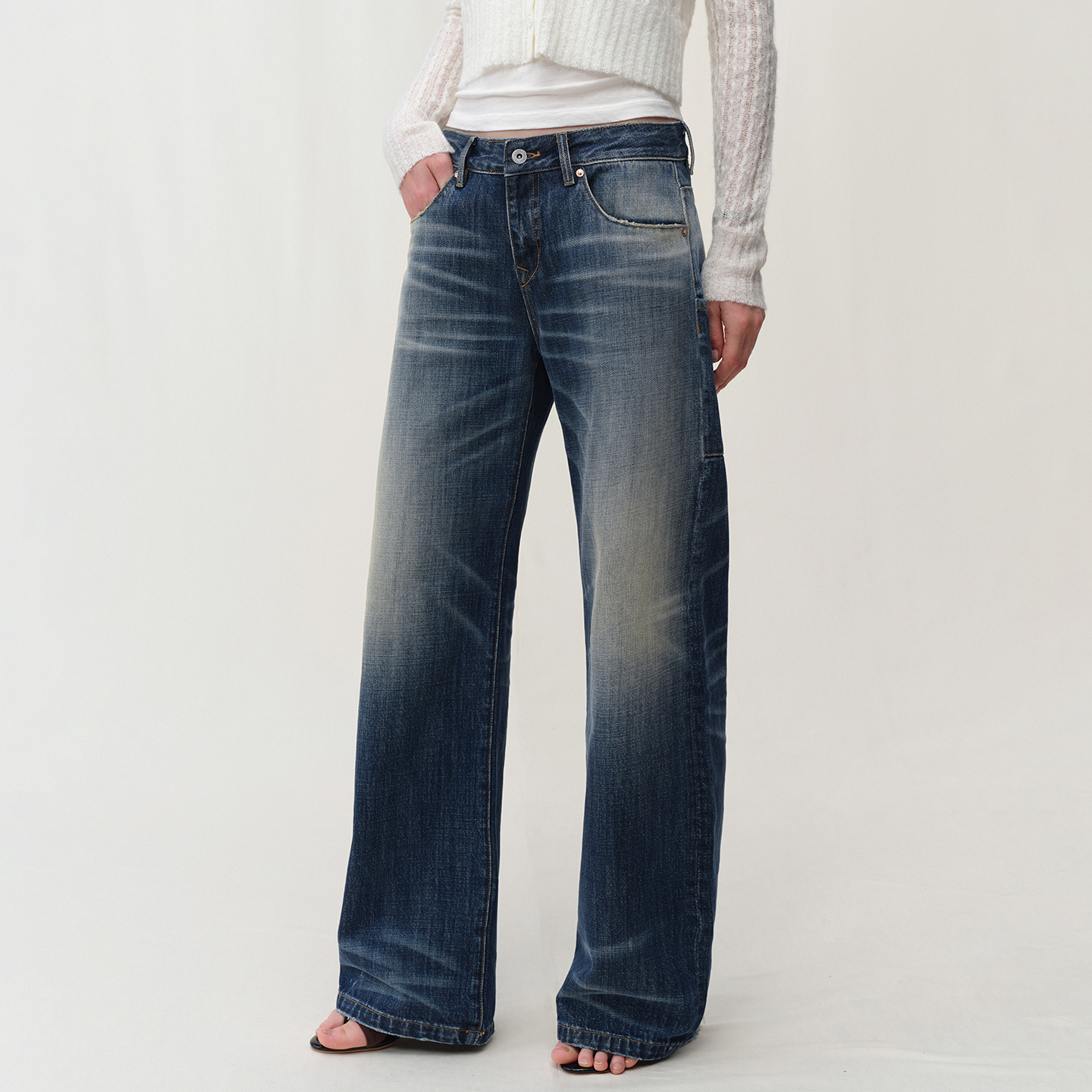 SMIIILE手工擦磨复古猫须纯棉低腰宽松牛仔裤深蓝色破洞直筒裤子