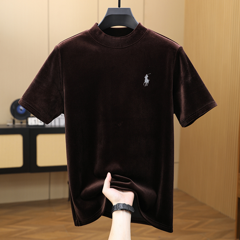 金丝绒高级感半高领打底衫男士秋冬内搭衣服保暖加厚中领短袖t恤