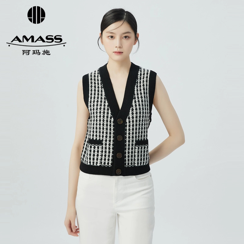 阿玛施AMASS 百搭羊绒羊毛V领拼色针织开衫老钱风气质马甲5499167