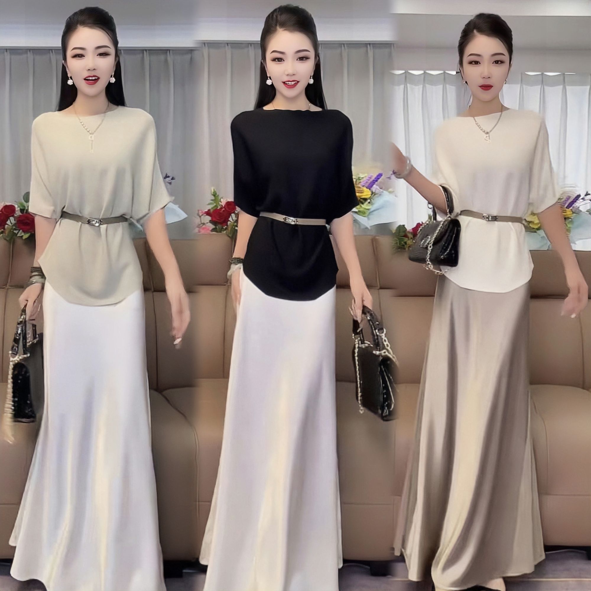 网红夏季圆领冰丝宽松显瘦气质时尚名媛女神范百搭上衣配腰带8808