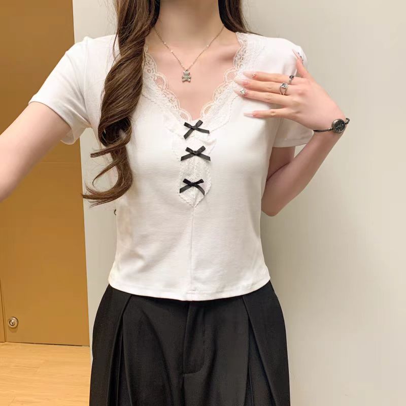 爆款短款拼接V领小众蝴蝶结时尚修身蕾丝短袖蝴蝶T恤打底衫显瘦