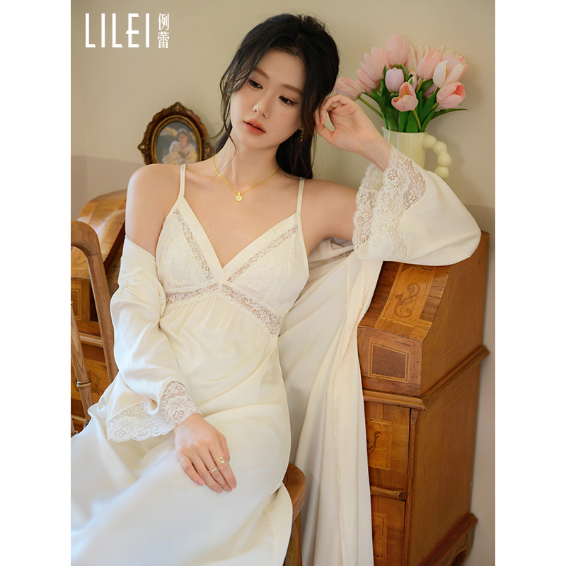 【烟凌两件套】吊带睡裙女秋季新款性感冰丝睡衣家居服两件套装