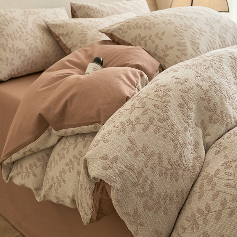 全棉三层纱色织提花四件套-浮生-咖