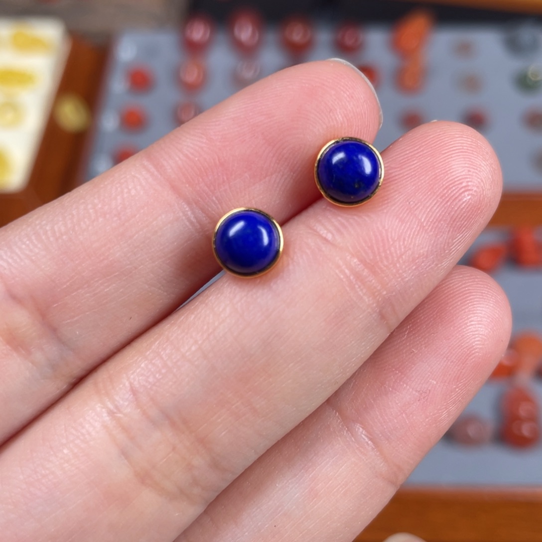 青金石耳钉银S925镀金镶嵌