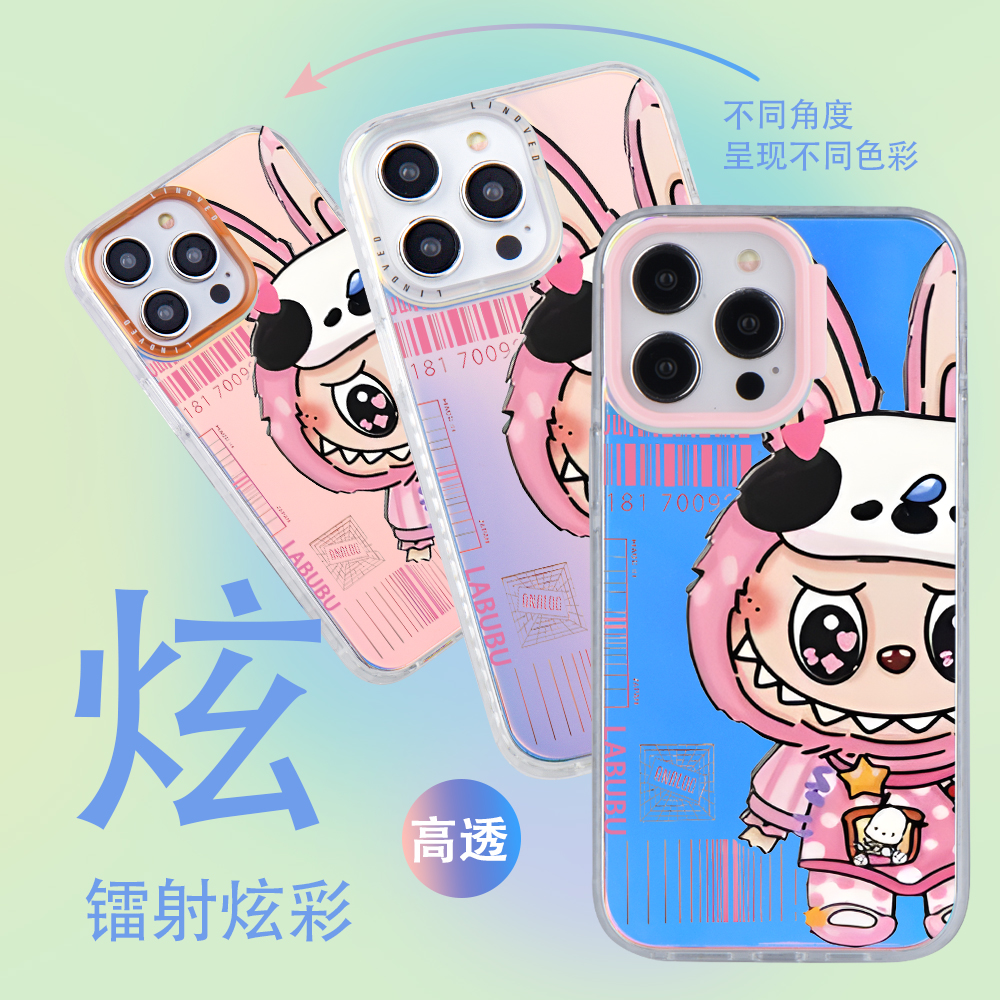卡通透明镭射手机壳适用苹果华为vivo一加女硬壳散热磨砂防摔可爱