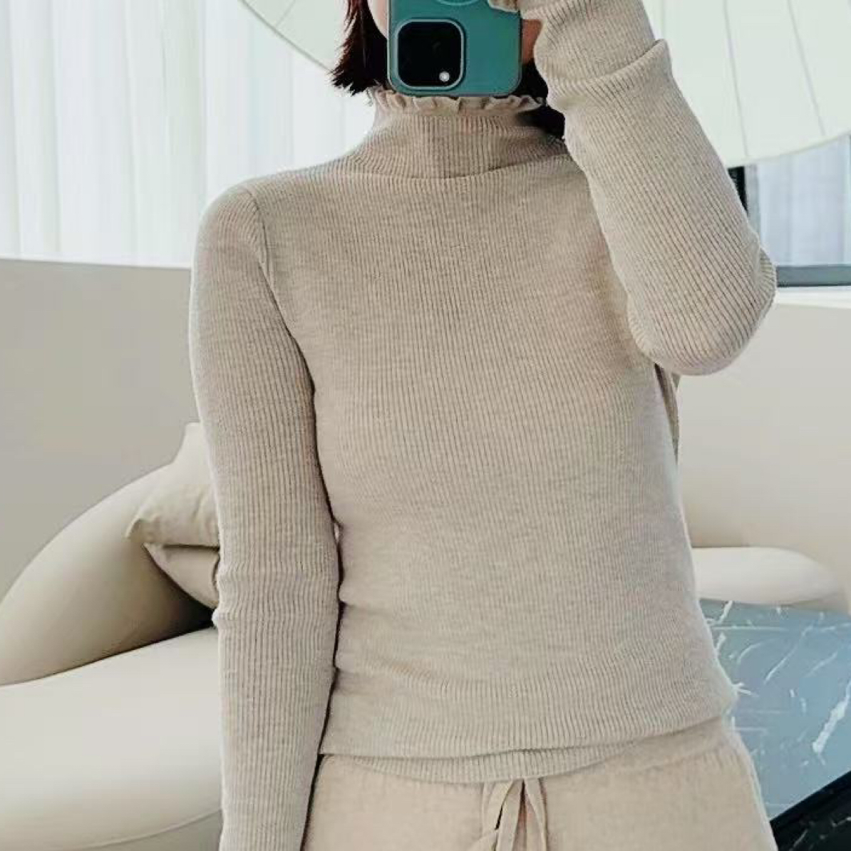 纯山羊绒精纺木耳边抽条打底衫毛衣针织衫