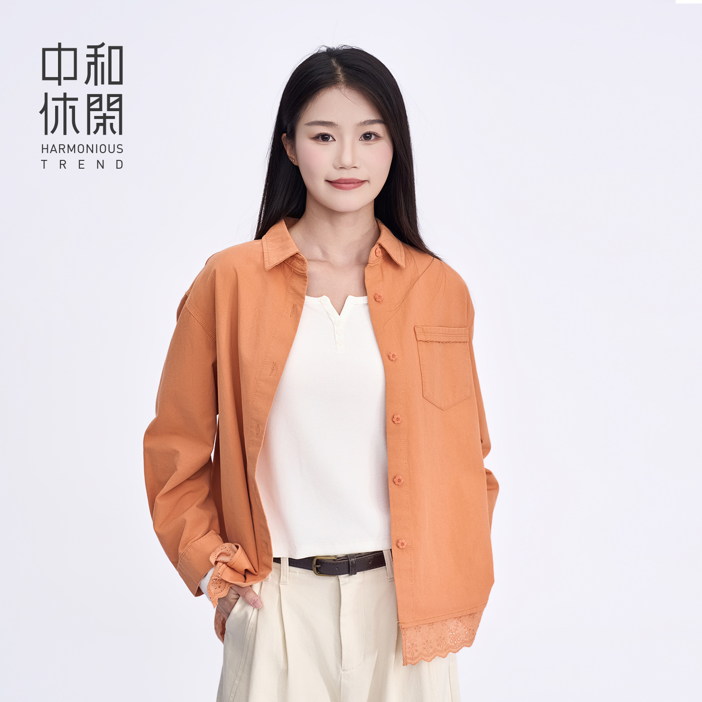 中和休闲九分袖花边衬衫外套女秋季2025新款设计感甜美拼接上衣潮