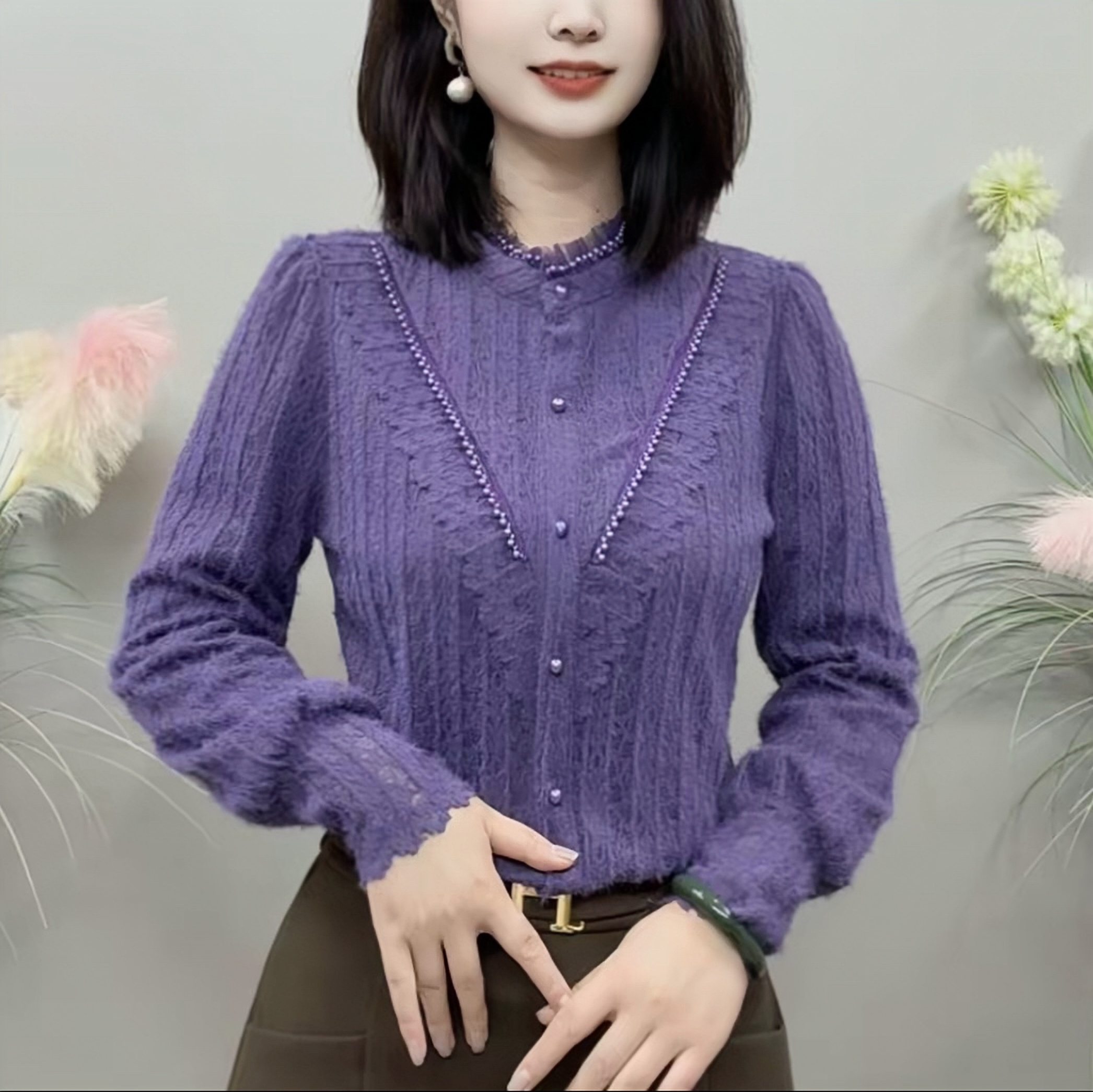 21156秋冬新款加绒保暖木耳花边领长袖气质百搭衬衫