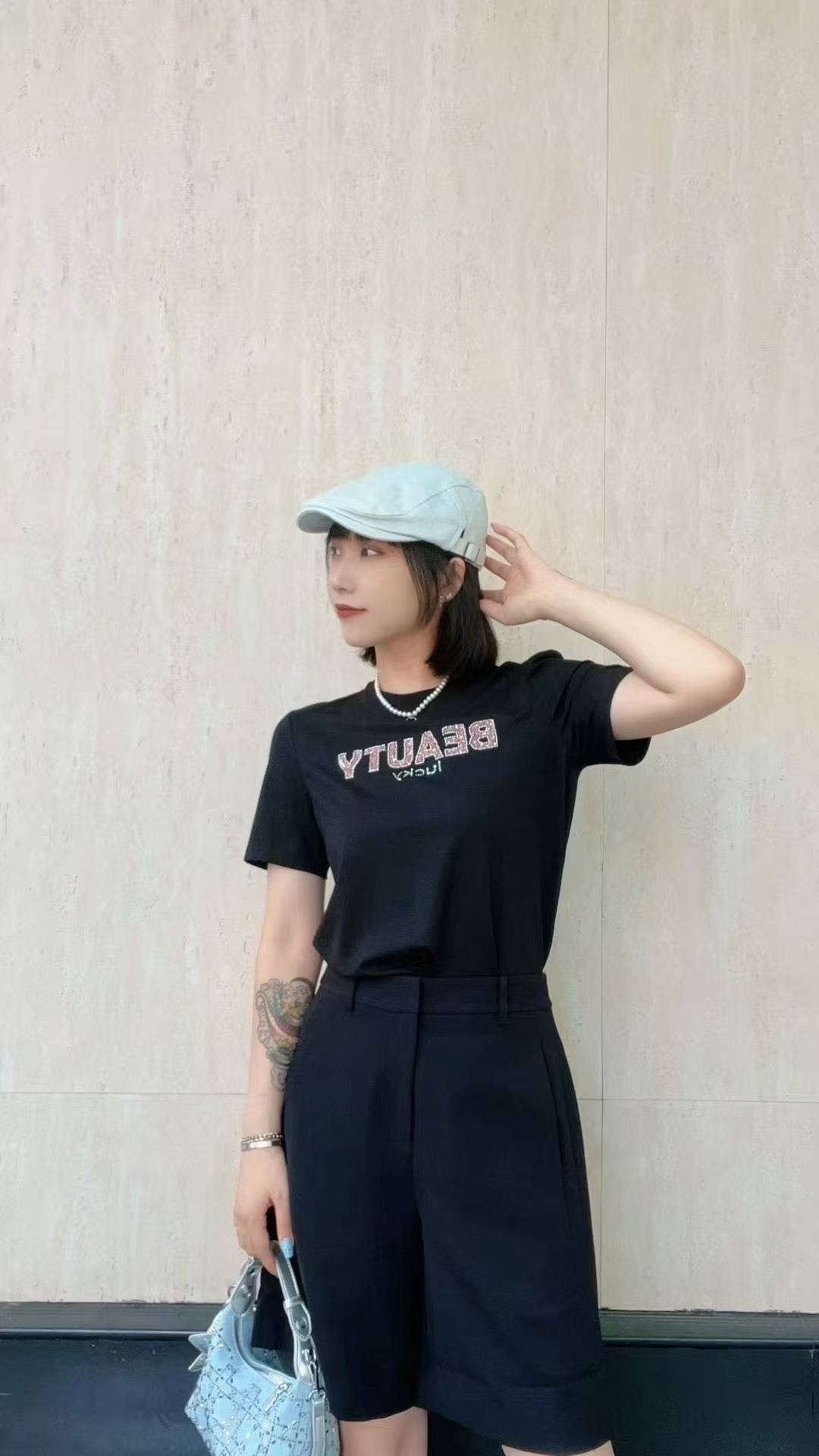 华家曼 常规袖抗皱气质欧式黑色圆领套装短袖T恤显瘦时尚休闲