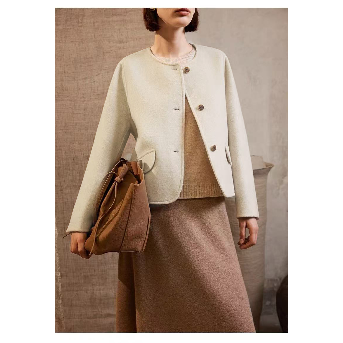 【陶釉暖调】秋日通勤圆领双面呢短大衣拉夏贝尔.SK8802.SK顺